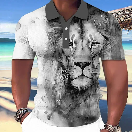 Title 5, Camiseta Polo Masculina 3D Lobo Manga Curta Cas...
