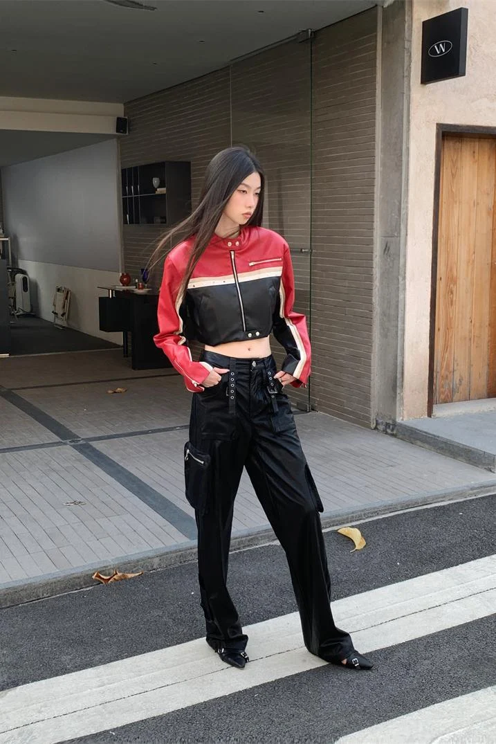 Women's Fashion Casual Long Sleeve Contrast Color Mid-length Short Leather Jacket - Stylish and versatile outerwear for — photo 2