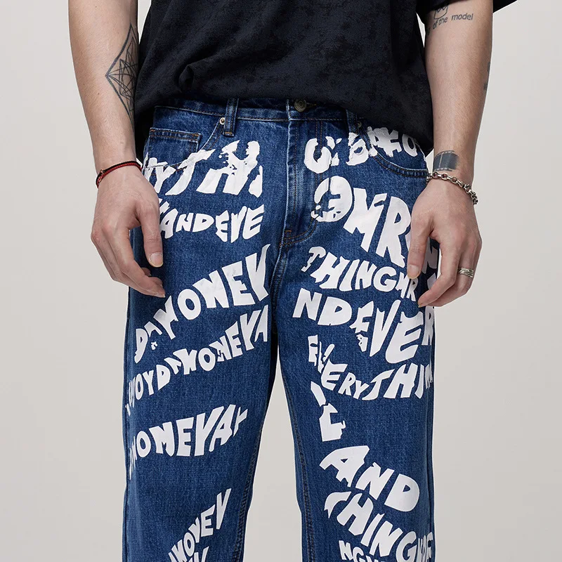 Men's Loose Blue Non-elastic Draggle-tail Straight Trousers — photo 12
