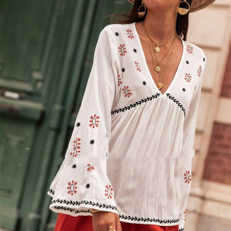 European and American Ladies Autumn Top with V-neck, Imitation Embroidered Print, offering comfort and style for the sea — photo 3