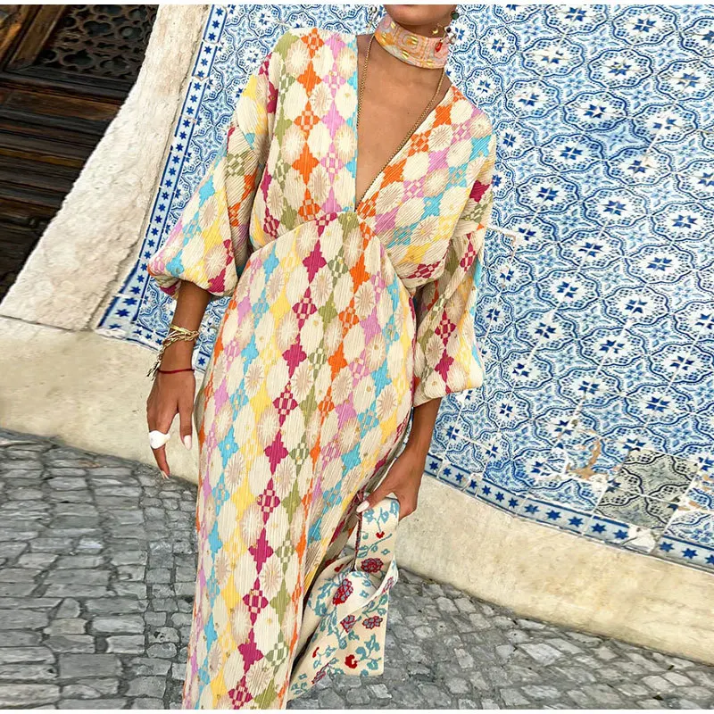 Retro Loose Painted Lantern Sleeve V-neck Printed Dress — photo 13