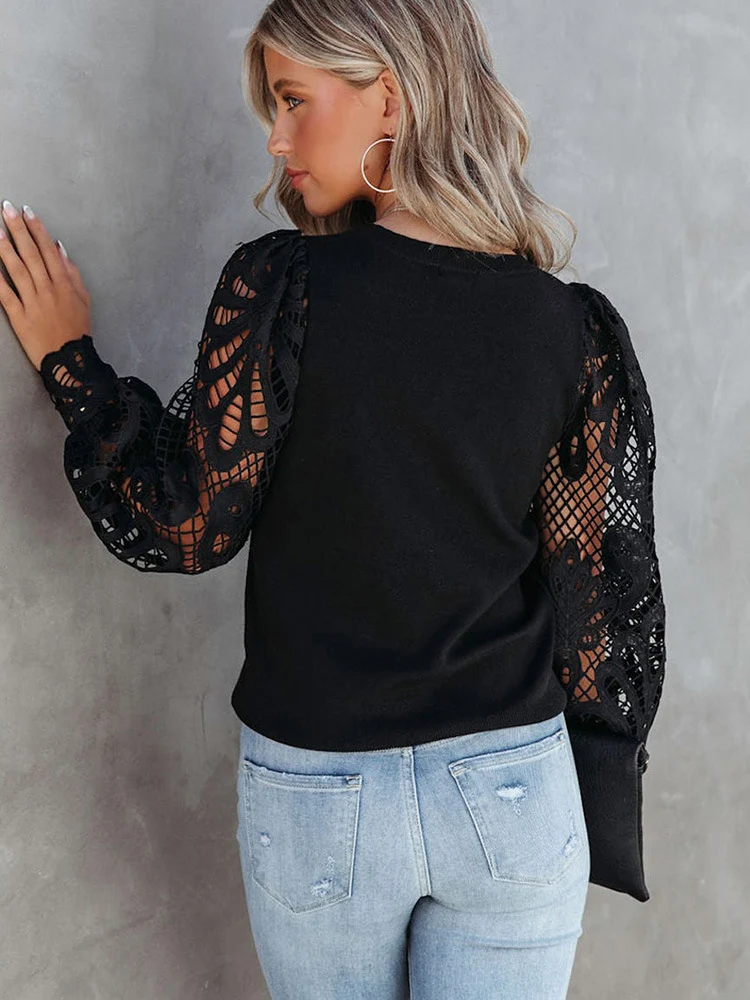 Women's Fashionable Lace Stitching Hollow Sleeve Round Neck Sweater – Comfortable, stylish, and perfect for everyday wea — photo 10