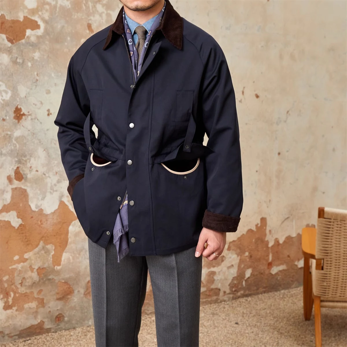 Retro Italian Corduroy Stitching Lapel Waterproof Jacket. Stay stylish and dry with this waterproof jacket, combining cl — photo 4