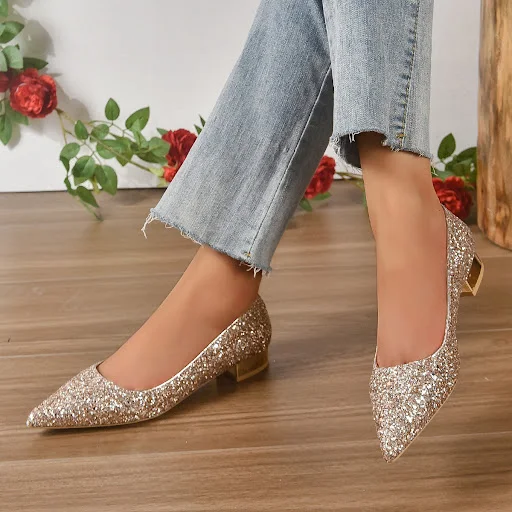 Title 5, Crystal Sequins Low Heel Shoes for Women