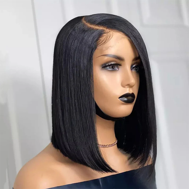Peruca feminina de renda frontal dividida, cabelo curto liso preto, perucas sintéticas, visual natural e fácil de usar. — foto 1