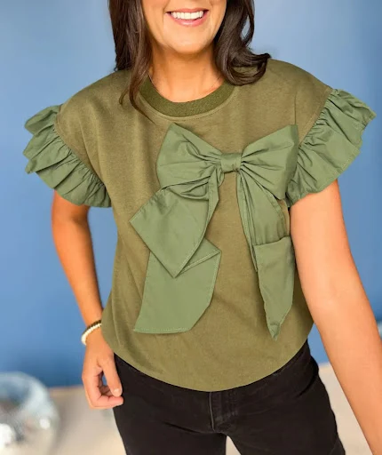 Title 6, Womens Contrast Color Bow Ruffle Sleeve Top. E...