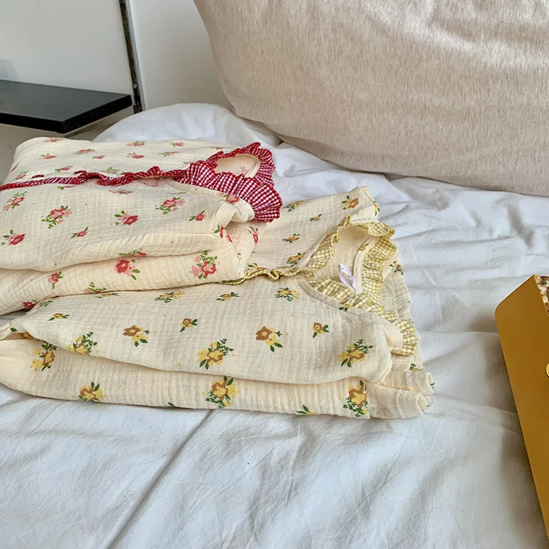 Title 2, Small Floral Babydoll Contrast Check Pajamas