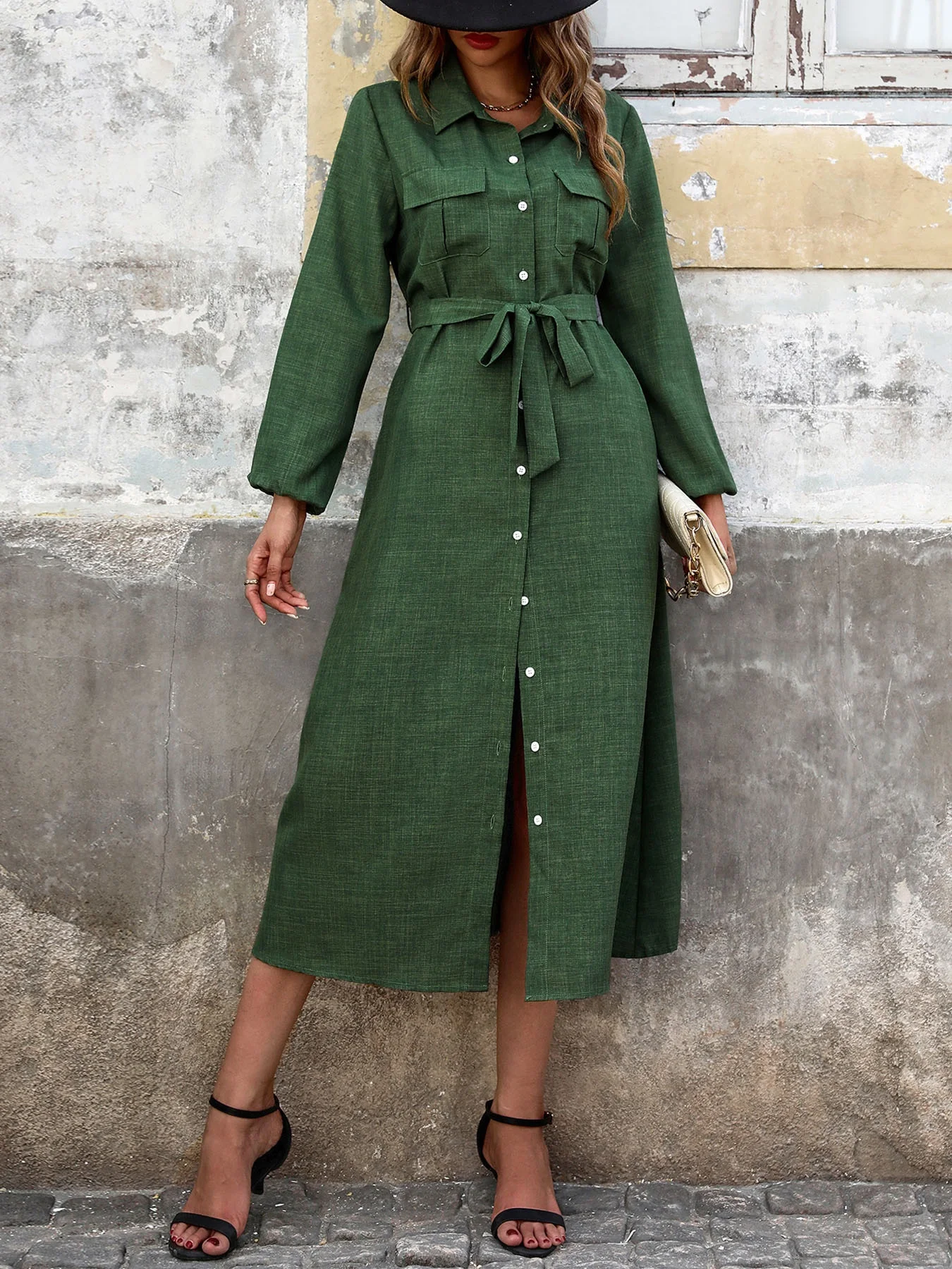 Title 3, New Women Turn-down Collar Green Long Sleeve So...