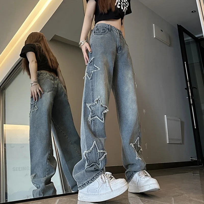 Blue XINGX Embroidered Jeans Women Loose Straight-leg Wide-leg Pants. Comfortable and Stylish. Perfect for Everyday Wear — photo 18