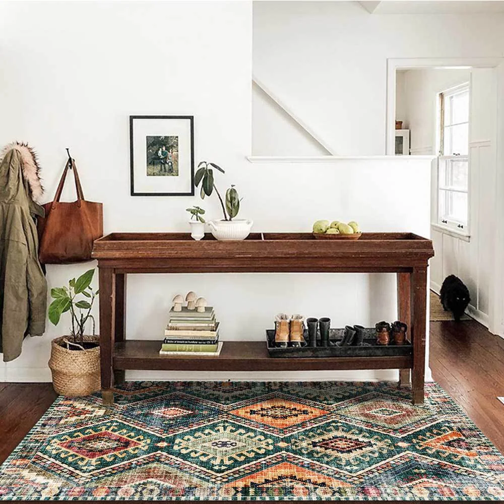 Tapete para sala de estar em estilo étnico com costura de losango verde, adicionando charme e elegância ao seu espaço. Decore com estilo! — foto 2