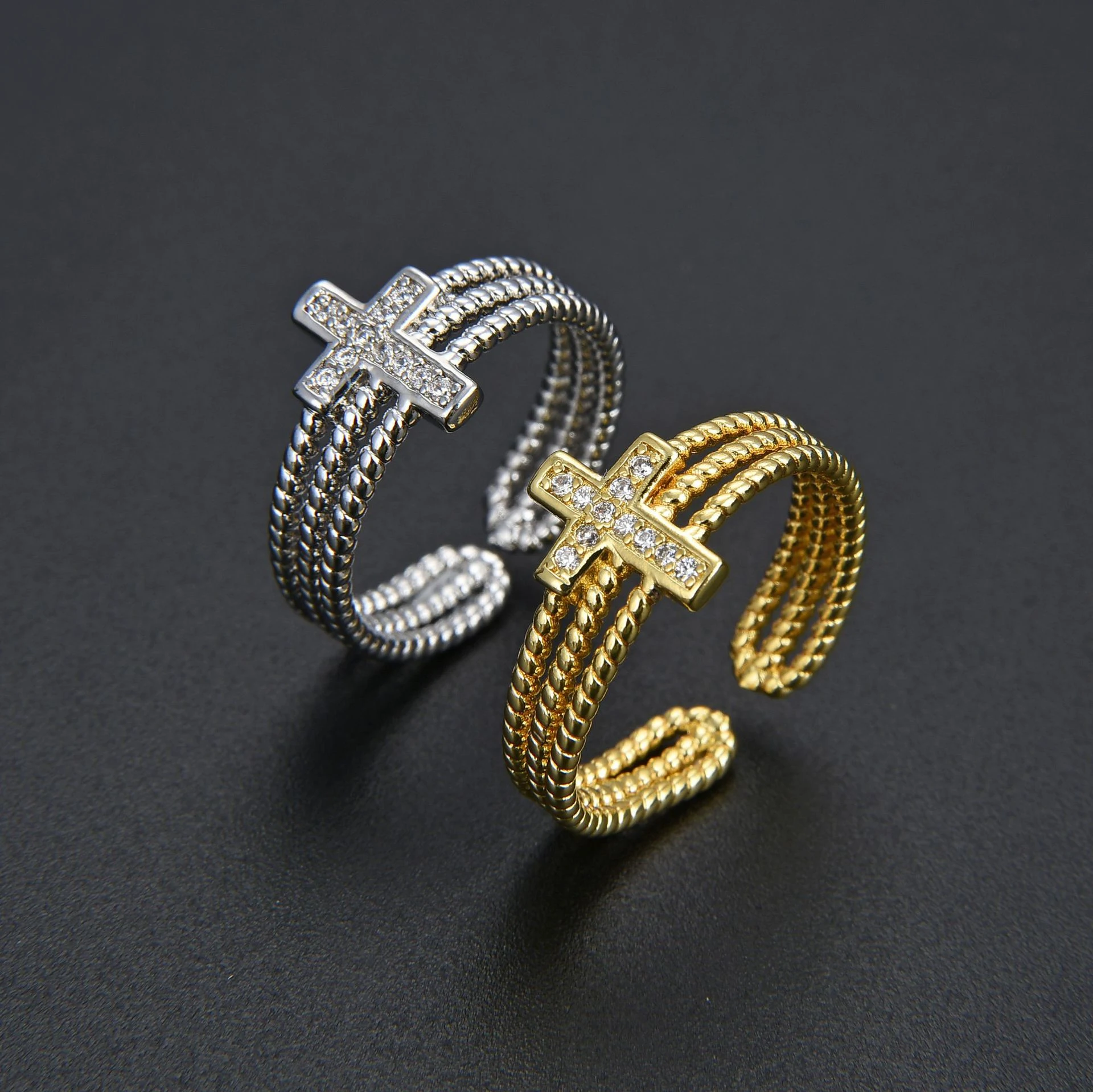 Anel Cruz Diamante Zircônia Camadas Ajustável Abertura Joia Feminina Brilhante Elegante Design Moderno — foto 14