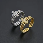 Anel Cruz Diamante Zircônia Camadas Ajustável Abertura Joia Feminina Brilhante Elegante Design Moderno — foto 14