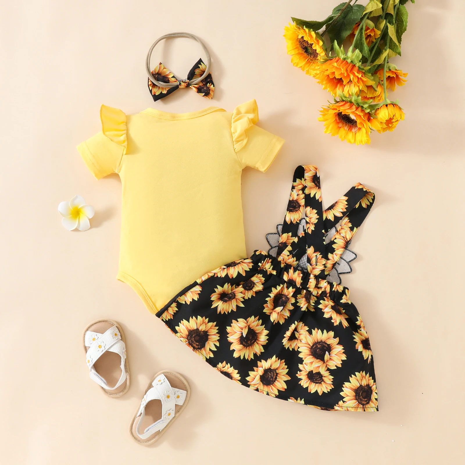 Conjunto Saia Suspensa de Girassol para Bebê Menina Manga Curta Cor Sólida Roupa de Verão Infantil Fofa — foto 4