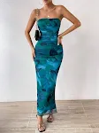 Mesh Floral Pleated Sexy Tight Split Strapless Tube Top Dress — photo 13