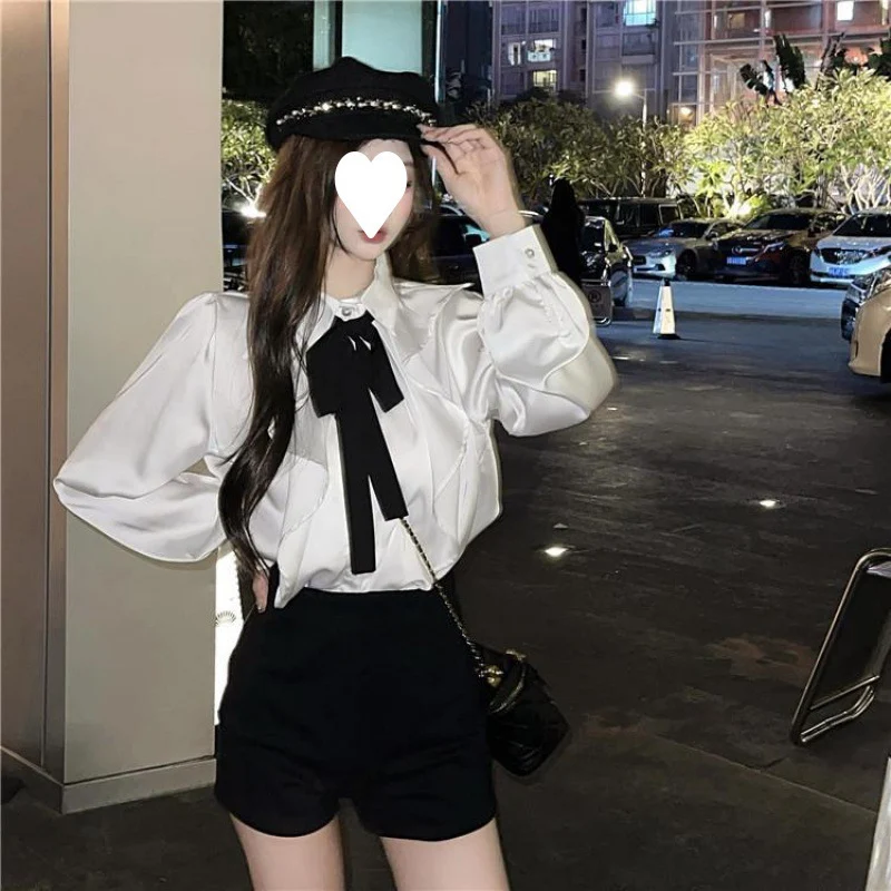 Palace Style Women's Long-sleeved Bow Tie Shirt, offering elegant, feminine style for work, events or any special occasi — photo 4