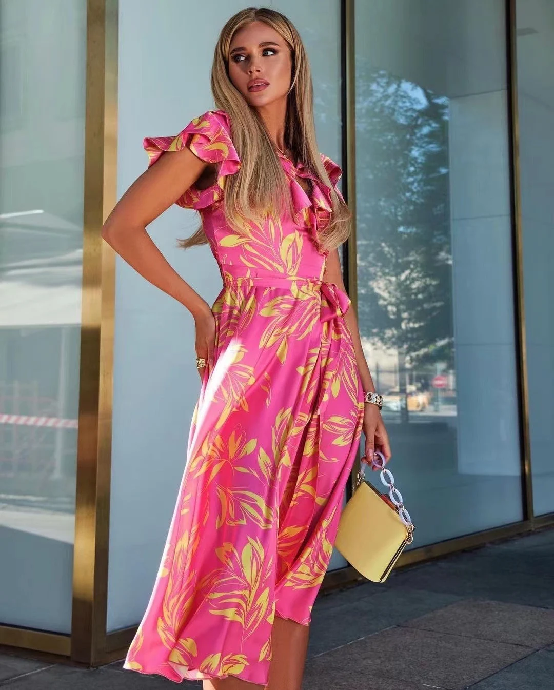 Title 10, Puff Sleeve Leaves Waist-tight Split Dress