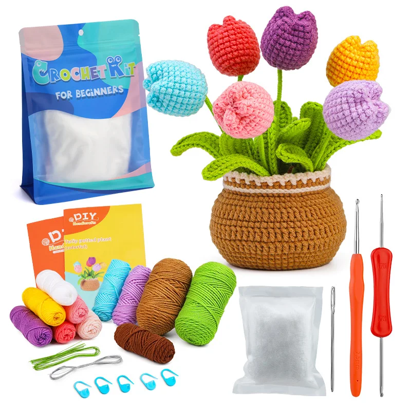 Pacote de Material de Crochê Lã Flores Feitas à Mão em Vasos Faça flores de crochê encantadoras, divirta-se criando e decore sua casa. — foto 14