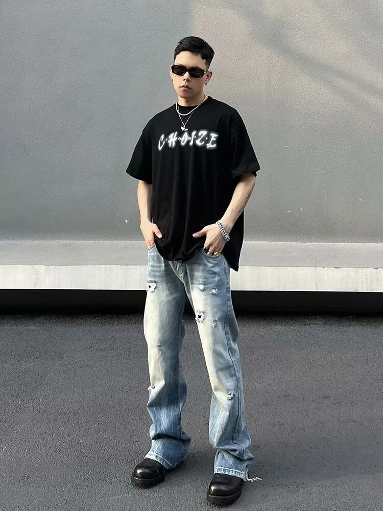 Title 5, Washed Light Blue Ripped Jeans for Men Comforta...