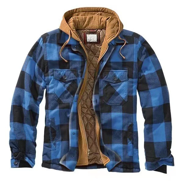 Title 2, Mens cotton plaid striped loose hooded long-sl...
