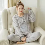 Outono e inverno coral veludo pijamas feminino inverno flanela térmica em torno do pescoço dos desenhos animados terno de manga longa — foto 7