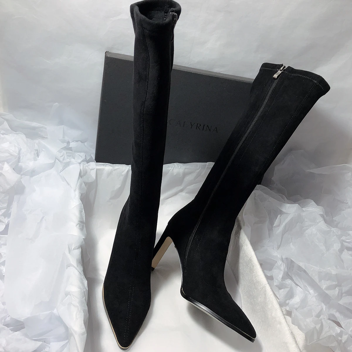 Botas femininas de salto alto e tecido elástico abaixo do joelho, perfeitas para um ajuste confortável e um visual estiloso. — foto 2