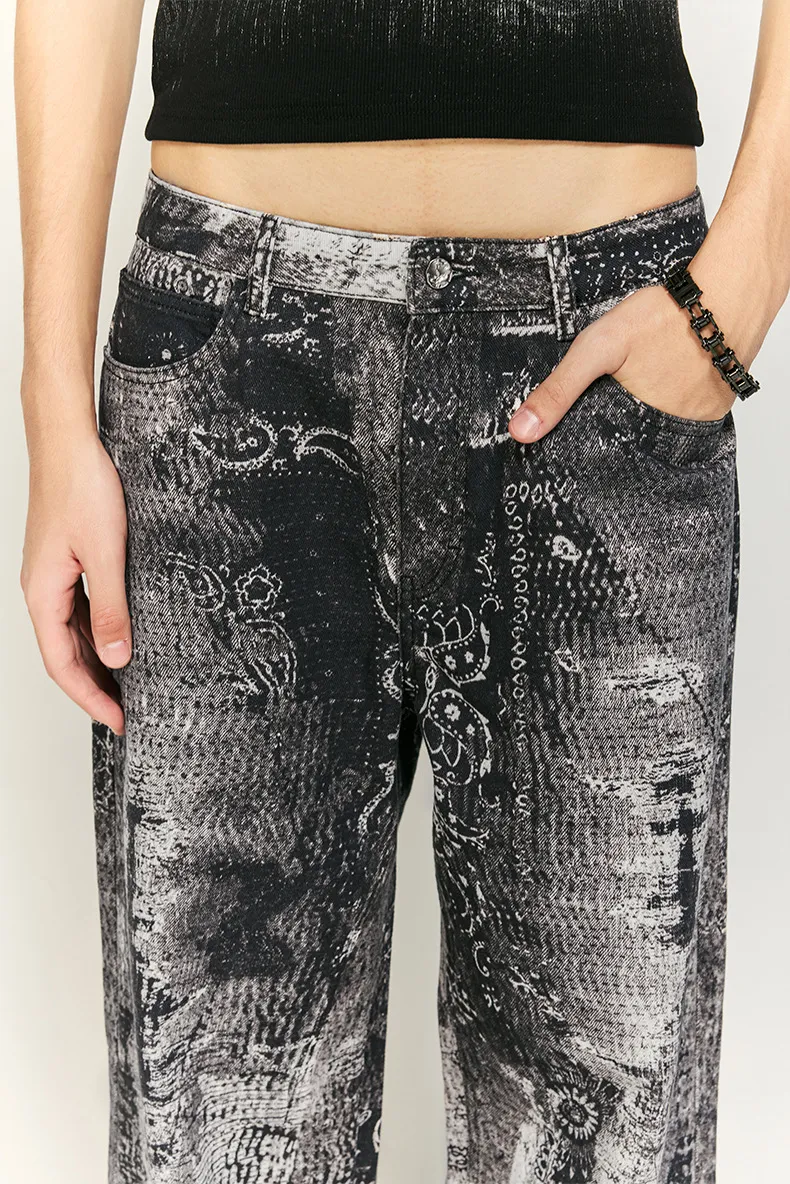Title 10, Vintage Paisley Digital Print Jeans Straight-le...