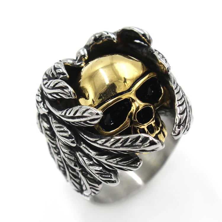 Anel de cabeça de fantasma de pena vintage em aço titânio, joia gótica masculina, design exclusivo, durável, presente perfeito. — foto 9