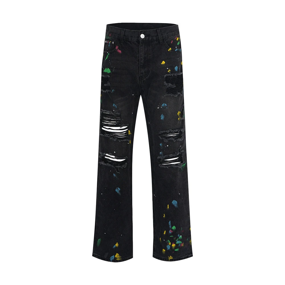 Title 5, Mens Ripped Paint Wide-leg Denim Trousers. Com...