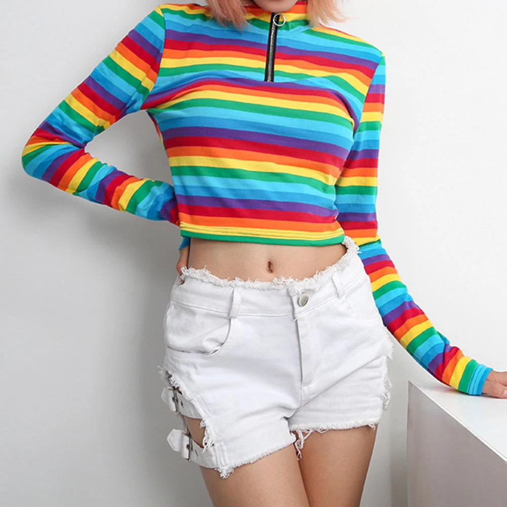 Rainbow Color Zipper Tops T shirt for women offers a stylish and versatile look, providing comfort and a unique design f — photo 11