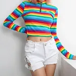 Rainbow Color Zipper Tops T shirt for women offers a stylish and versatile look, providing comfort and a unique design f — photo 11
