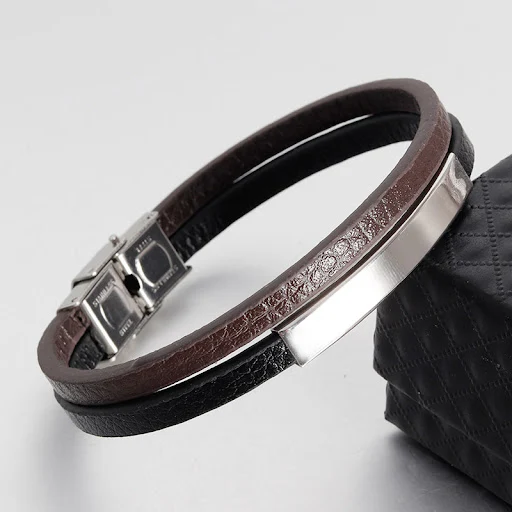 Title 2, Pulseira de couro masculina em aço titânio, sim...