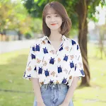 Silk Chiffon Summer Shirt, Loose Bear Print, Girl's Short-sleeved Harajuku Casual Floral Shirt, Stylish and Comfortable — photo 3