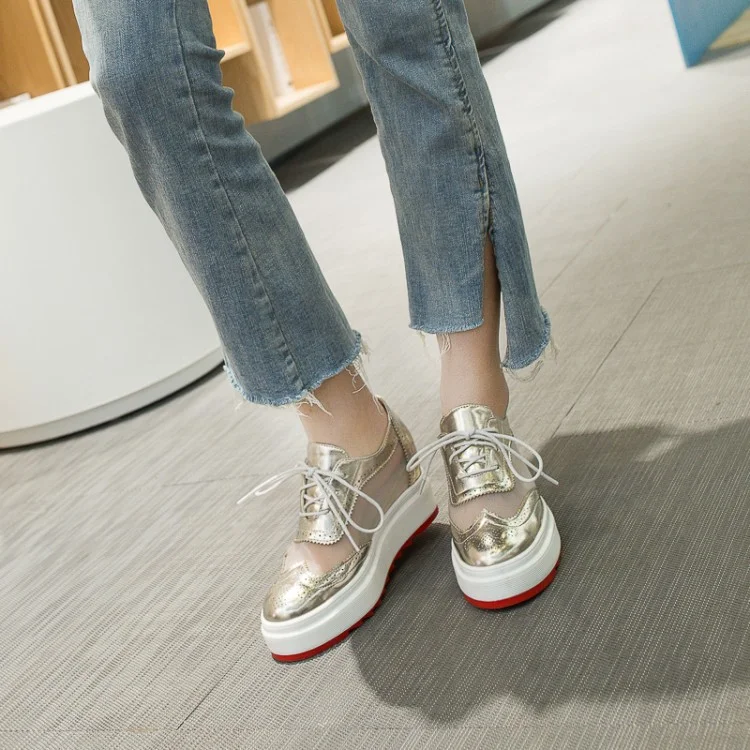 Title 3, British Style Sequined Lace-up Wedge Shoes. Ele...