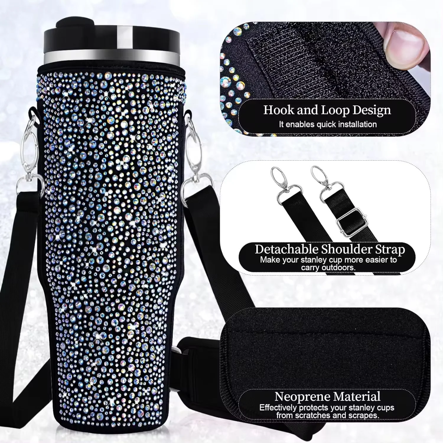 Conjunto de garrafa de água brilhante de 40 oz com bolsa, alça ajustável e efeito perolado. Mantenha-se hidratado com elegância. — foto 13
