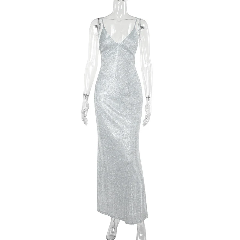Title 6, V-neck Brace Thin And Glittering Backless Dress...