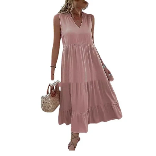 Title 3, Loose waist sleeveless V-neck swing solid color...