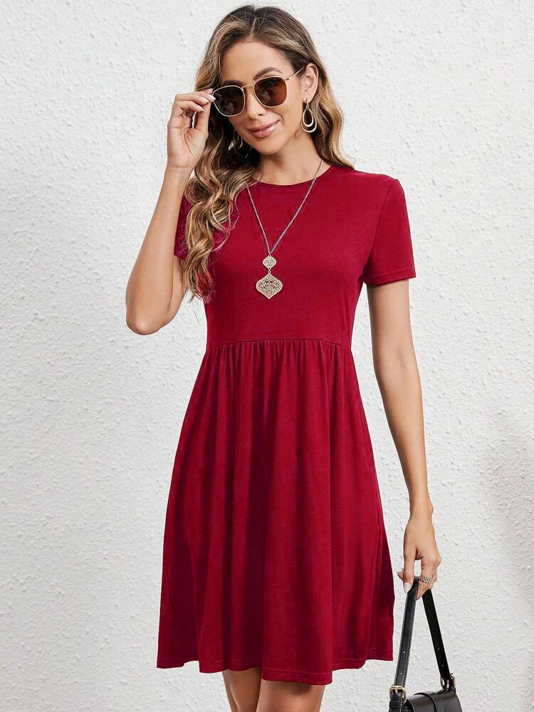 Title 3, New Elastic Waist Round Neck Short Sleeve Dress...