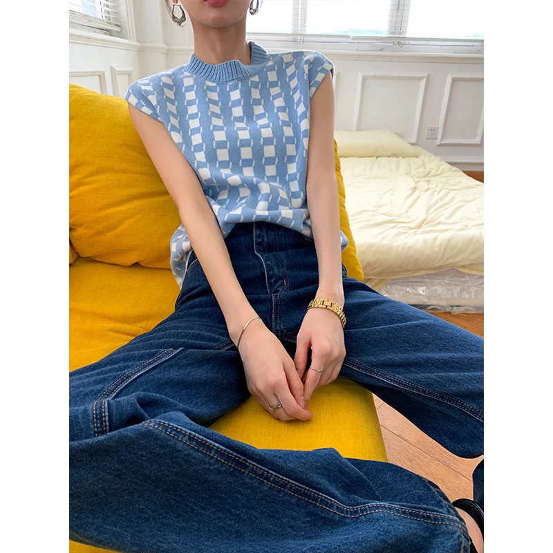 Title 6, Knitted Blue And White Plaid Vest Top