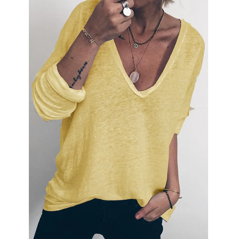 Title 3, Womens Casual Loose Long Sleeve Solid V-Neck P...