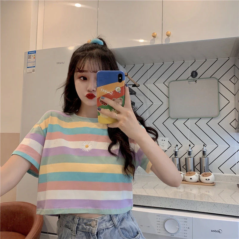 Colorful Stripe Short Sleeve Top for Female Students, Korean Loose Boyfriend Style, Spring Summer Fashion, Comfortable a — photo 5