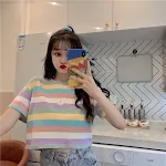 Colorful Stripe Short Sleeve Top for Female Students, Korean Loose Boyfriend Style, Spring Summer Fashion, Comfortable a — photo 5