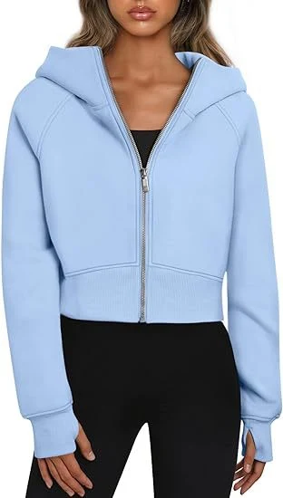 Felpa con cappuccio e zip casual da donna, cardigan sportivo in pile, hoodies alla moda, top corti, abbigliamento femminile per un look sportivo e casual. — foto 6