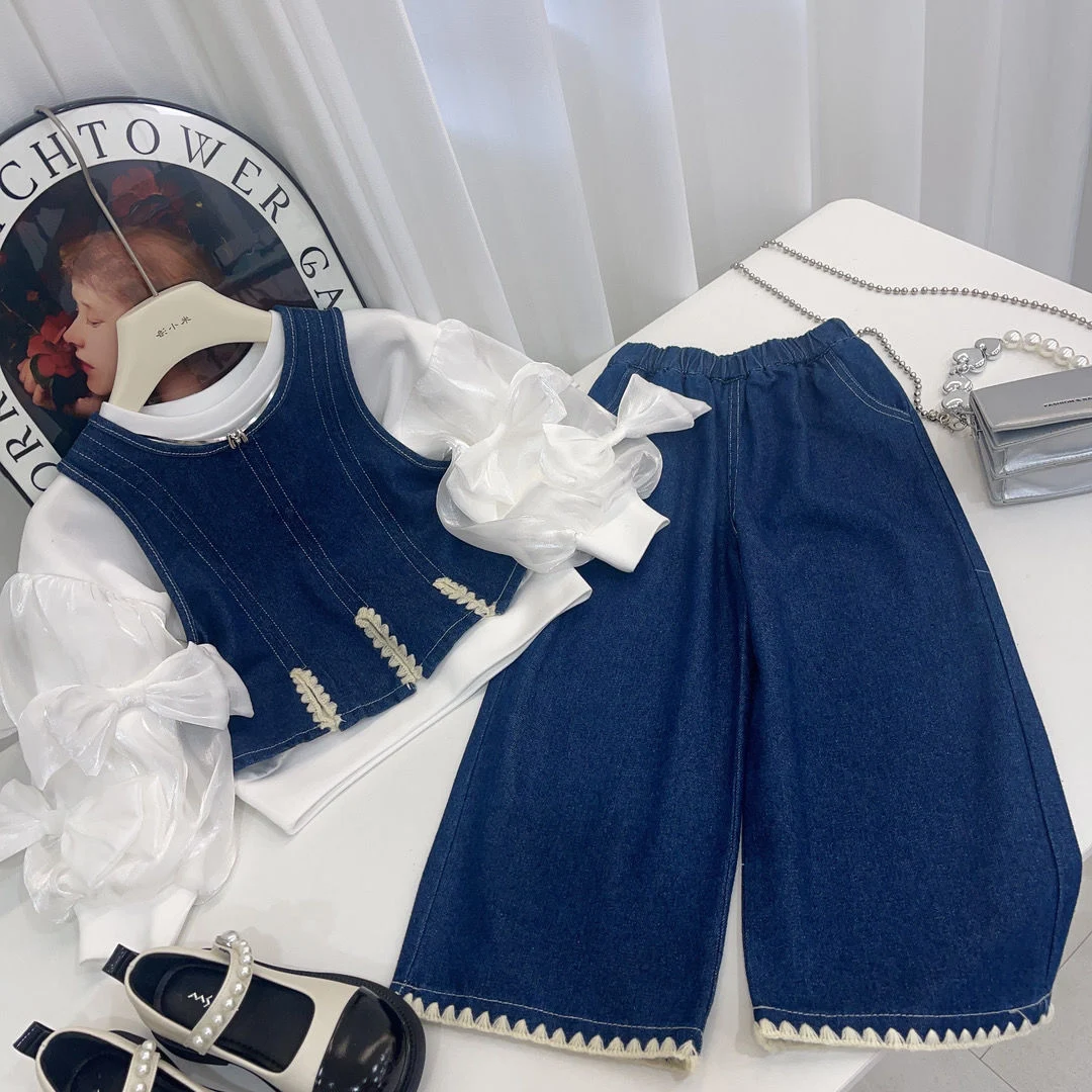 Kinder T-Shirt Weste Weite Hose Dreiteiliges Set Mädchen Schatz Koreanischer Stil Bequem und modisch für aktive Kinder — foto 10
