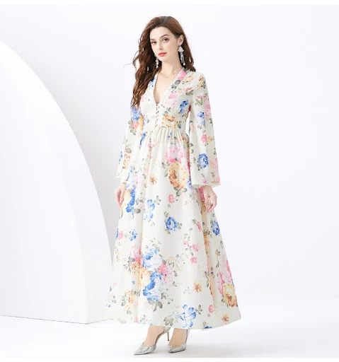 Title 10, Retro Printed V-neck Long Sleeve Big Hem Dress