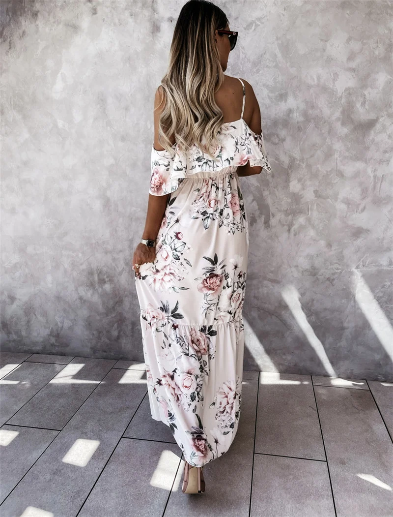 Off-the-shoulder long spaghetti-strap floral print large swing dress. Perfect for a flowy, feminine look, offering comfo — photo 11
