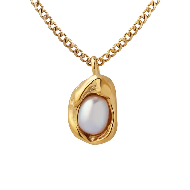 Colar com pingente de pérola de água doce natural incrustada, design de nicho, corrente cubana banhada a ouro para moda. — foto 1
