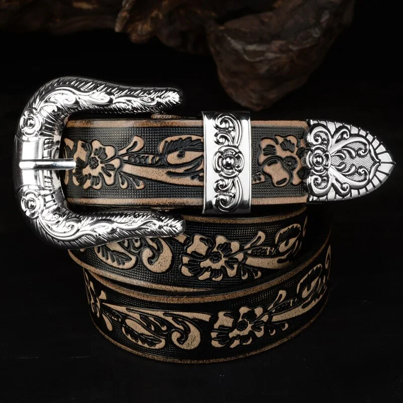 Title 4, Carved Pin Buckle Leather Belt, Head Layer Cowh...