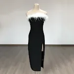 Europese en Amerikaanse off-shoulder contrasterende kleur struisvogelhaar tube top hoge split bandage eendelige jurk — foto 14