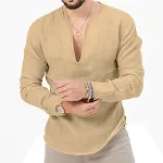 Camiseta casual masculina de linho manga longa, respirável e leve. Perfeita para climas quentes, confortável e elegante para o dia a dia. — foto 4