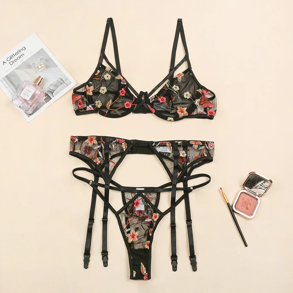 Title 1, Dames ondergoed borduurwerk push-up driedelig s...